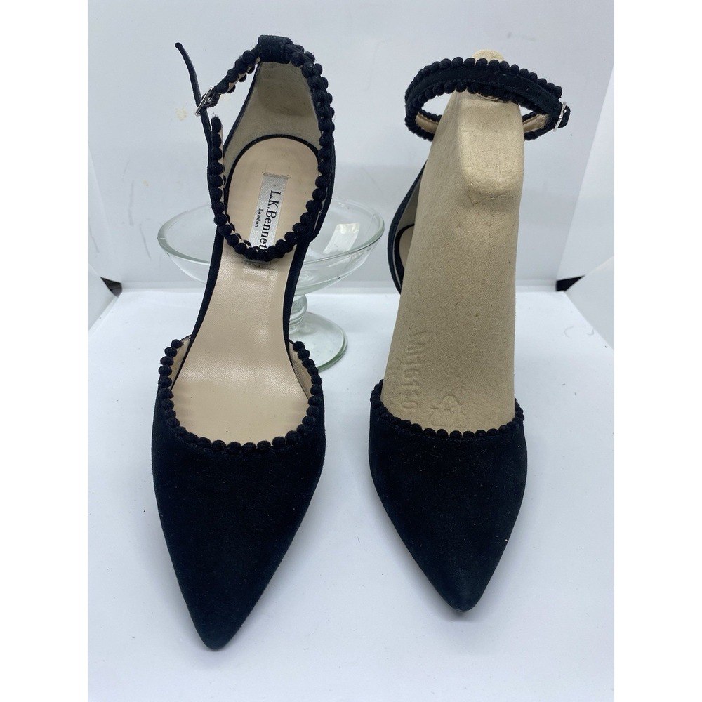 Black LK Bennett Ellora Suede Pom-Pom D'Orsay Ankle Strap Sandal Sz 39 US 8.5